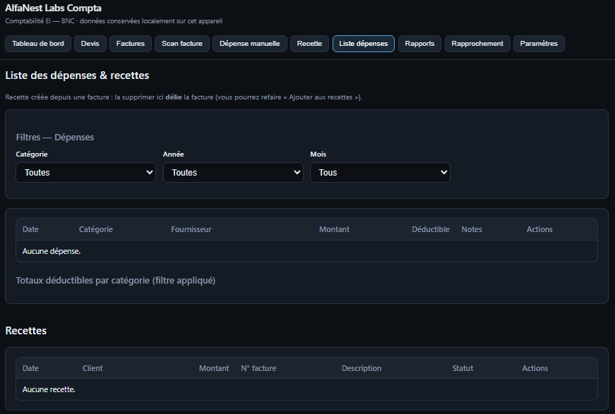 Income and expense list with filters — AlfaNest Labs Compta