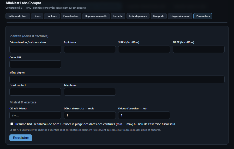 Identity, fiscal year, and Mistral API settings — AlfaNest Labs Compta